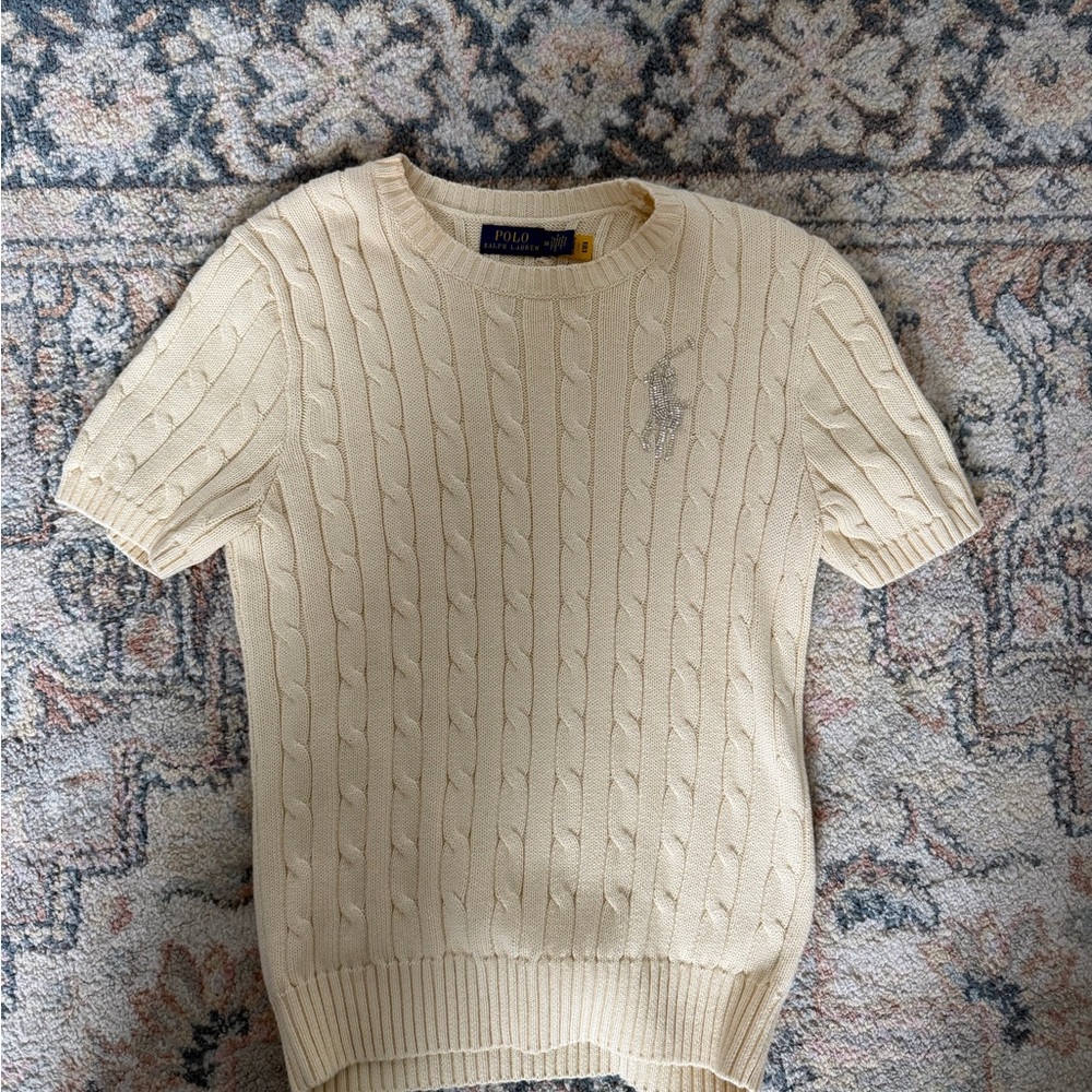 Ralph Lauren Cream Cable-Knit Short-Sleeve Crewneck Sweater